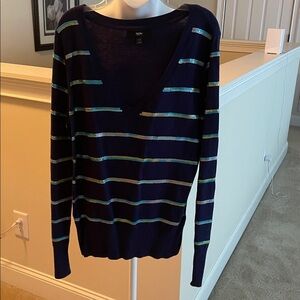 Mi Women's V-Neck Sweater - Navy with Multicolor Stripes
